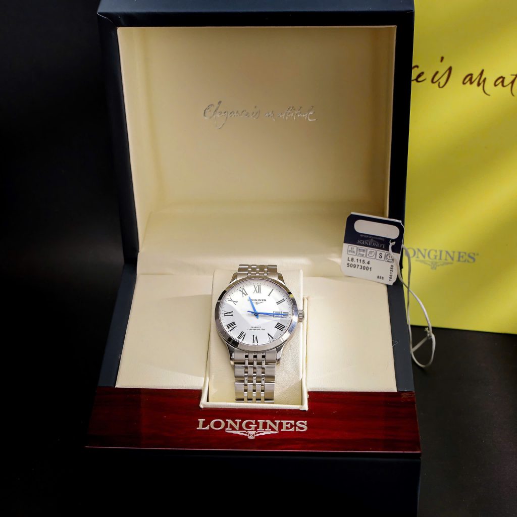 Đồng hồ Longines Record mặt trắng cọc số la mã dây kim loại Fake 11 40mm