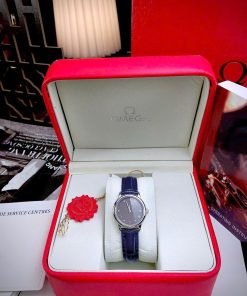 Đồng hồ Omega De Ville nữ Gray dây da xanh máy Nhật Fake cao cấp 27.5mm