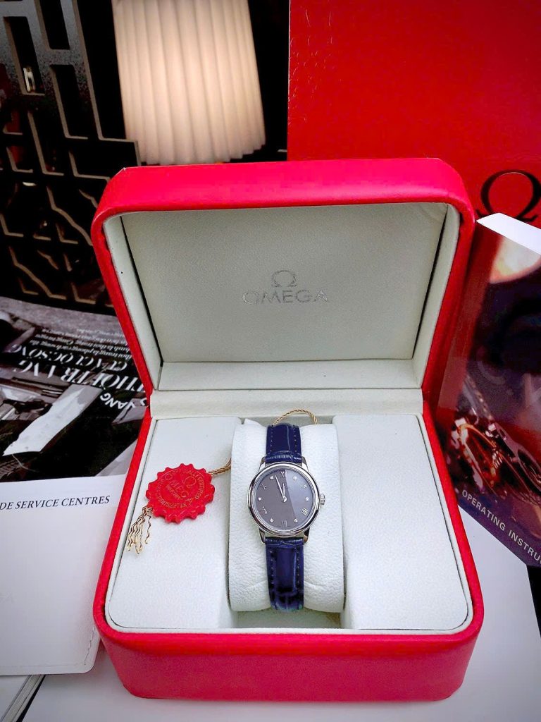 Đồng hồ Omega De Ville nữ Gray dây da xanh máy Nhật Fake cao cấp 27.5mm