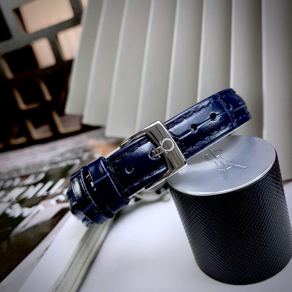 Đồng hồ Omega De Ville nữ Gray dây da xanh máy Nhật Fake cao cấp 27.5mm