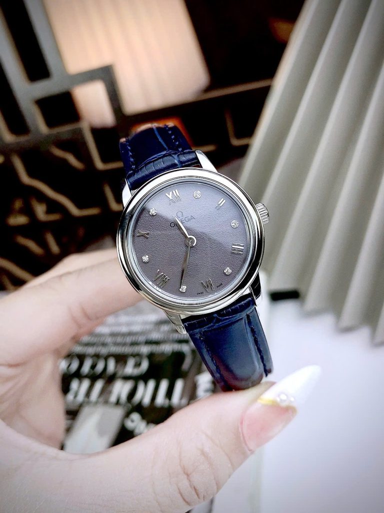 Đồng hồ Omega De Ville nữ Gray dây da xanh máy Nhật Fake cao cấp 27.5mm