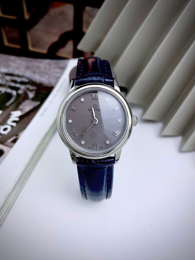 Đồng hồ Omega De Ville nữ Gray dây da xanh máy Nhật Fake cao cấp 27.5mm