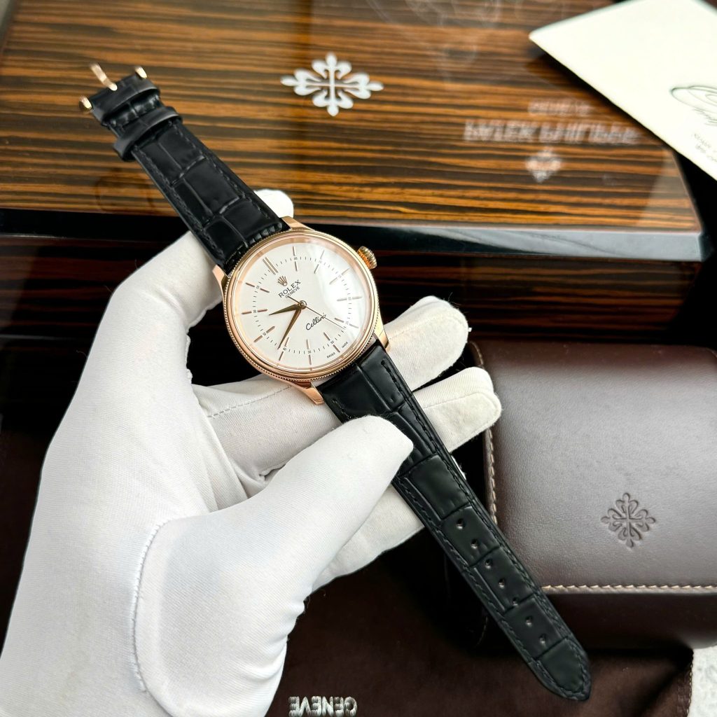 Đồng hồ Rolex Cellini Replica 11 màu vàng hồng dây da 39mm (1)