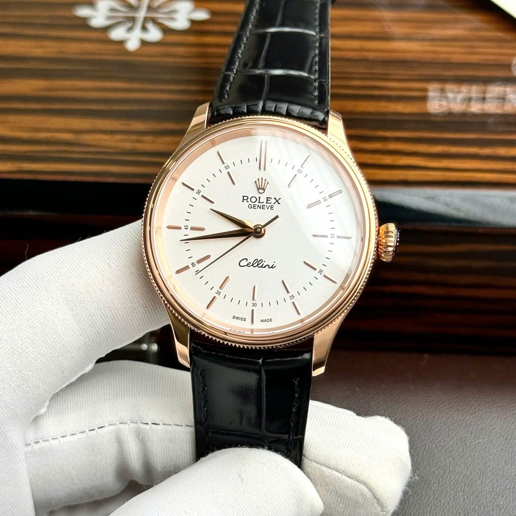 Đồng hồ Rolex Cellini Replica 11 màu vàng hồng dây da 39mm (2)