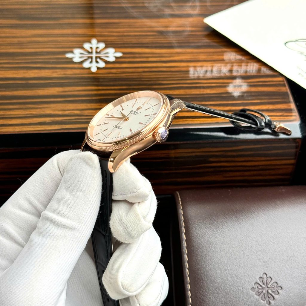 Đồng hồ Rolex Cellini Replica 11 màu vàng hồng dây da 39mm (2)