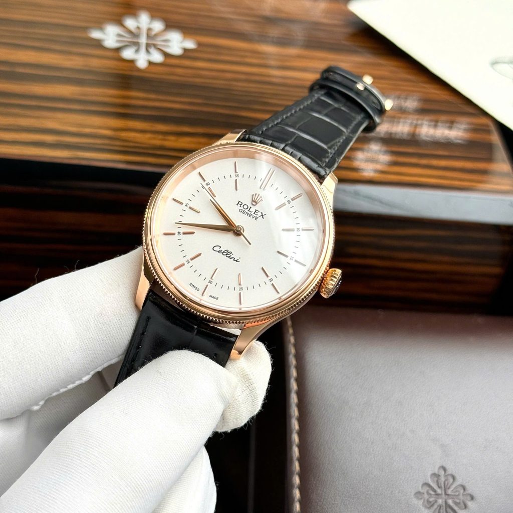Đồng hồ Rolex Cellini Replica 11 màu vàng hồng dây da 39mm (2)