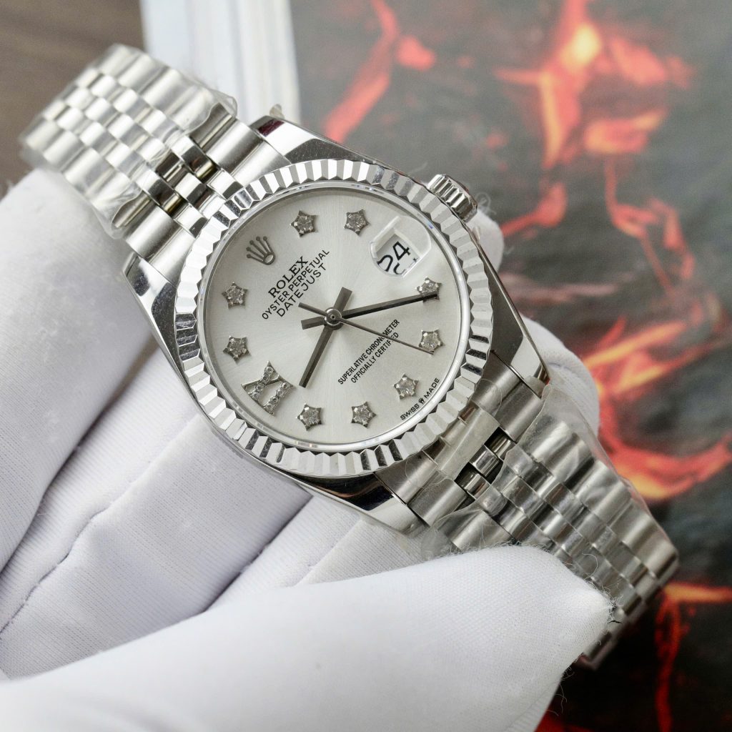 Đồng hồ Rolex DateJust Rep 11 cao cấp nữ mặt bạc cọc số hình ông sao 31mm (2)