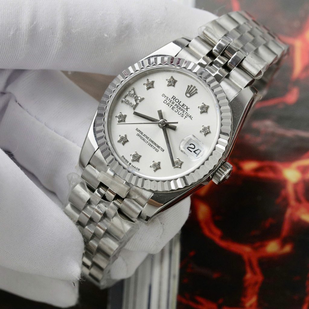 Đồng hồ Rolex DateJust Rep 11 cao cấp nữ mặt bạc cọc số hình ông sao 31mm (2)