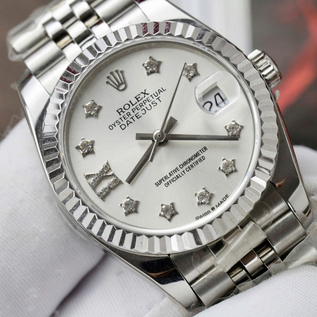 Đồng hồ Rolex DateJust Rep 11 cao cấp nữ mặt bạc cọc số hình ông sao 31mm (2)