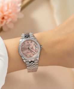 Đồng hồ Rolex DateJust Replica 11 nữ mặt hồng viền đính đá 31mm (2)