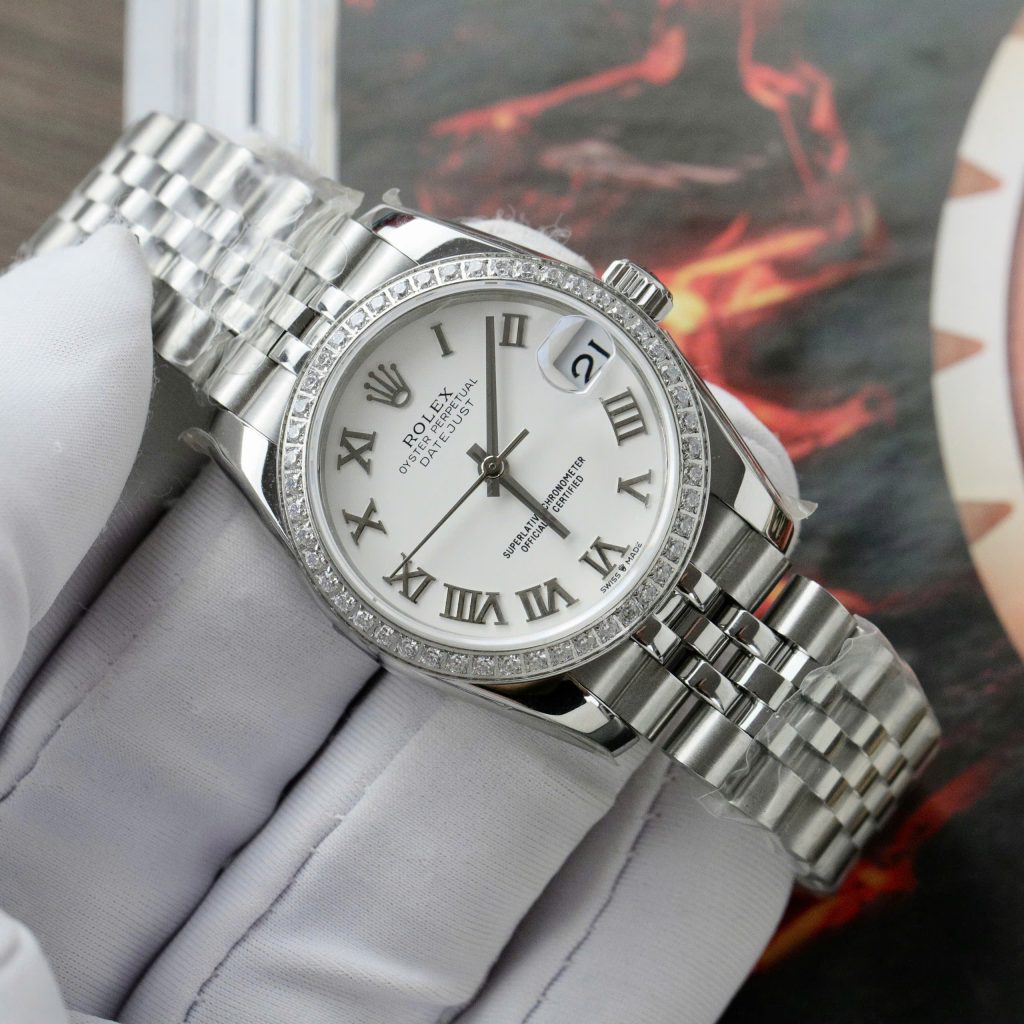 Đồng hồ Rolex DateJust Replica 11 nữ mặt trắng cọc số la mã 31mm (2)