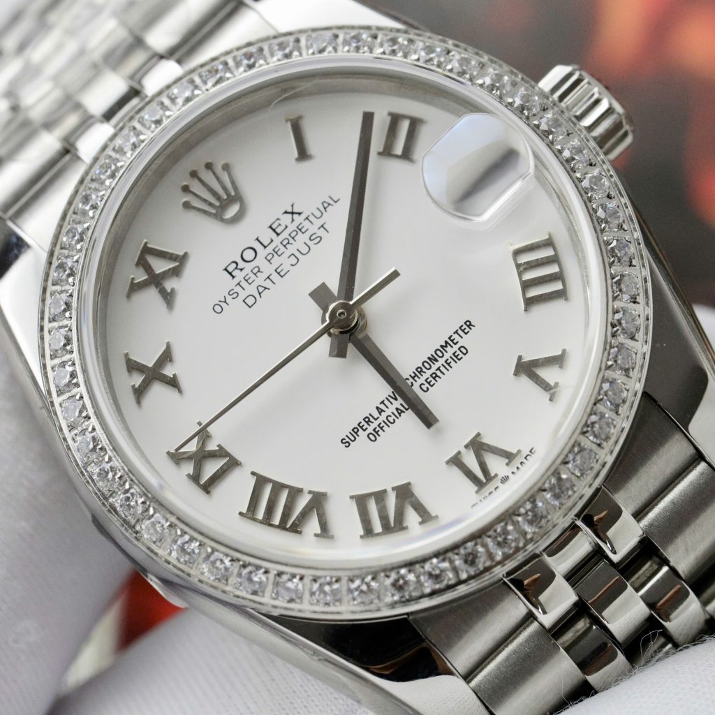 Đồng hồ Rolex DateJust Replica 11 nữ mặt trắng cọc số la mã 31mm (2)