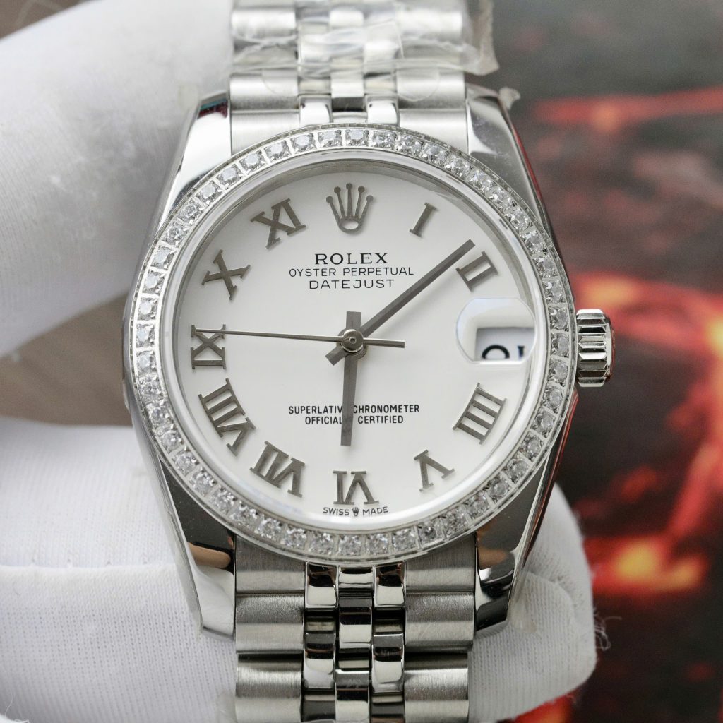 Đồng hồ Rolex DateJust Replica 11 nữ mặt trắng cọc số la mã 31mm (2)