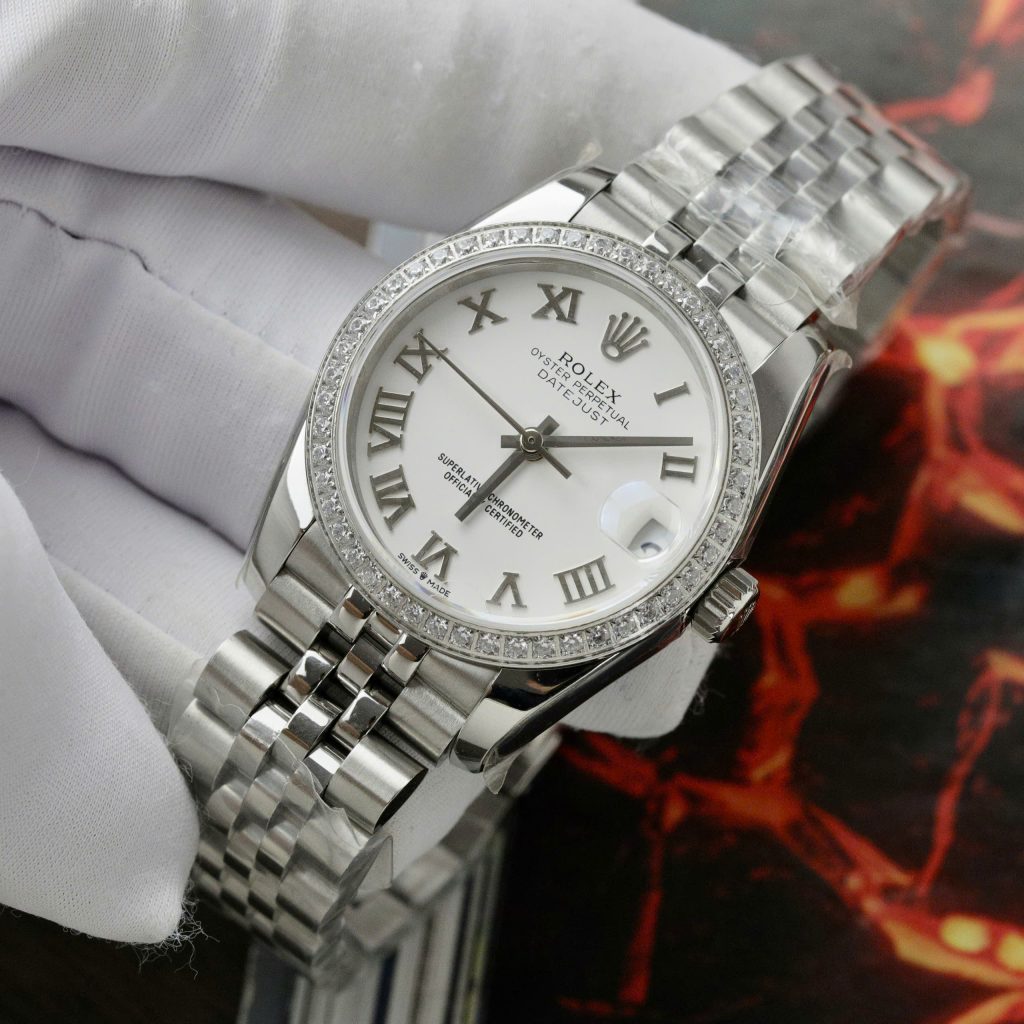 Đồng hồ Rolex DateJust Replica 11 nữ mặt trắng cọc số la mã 31mm (2)