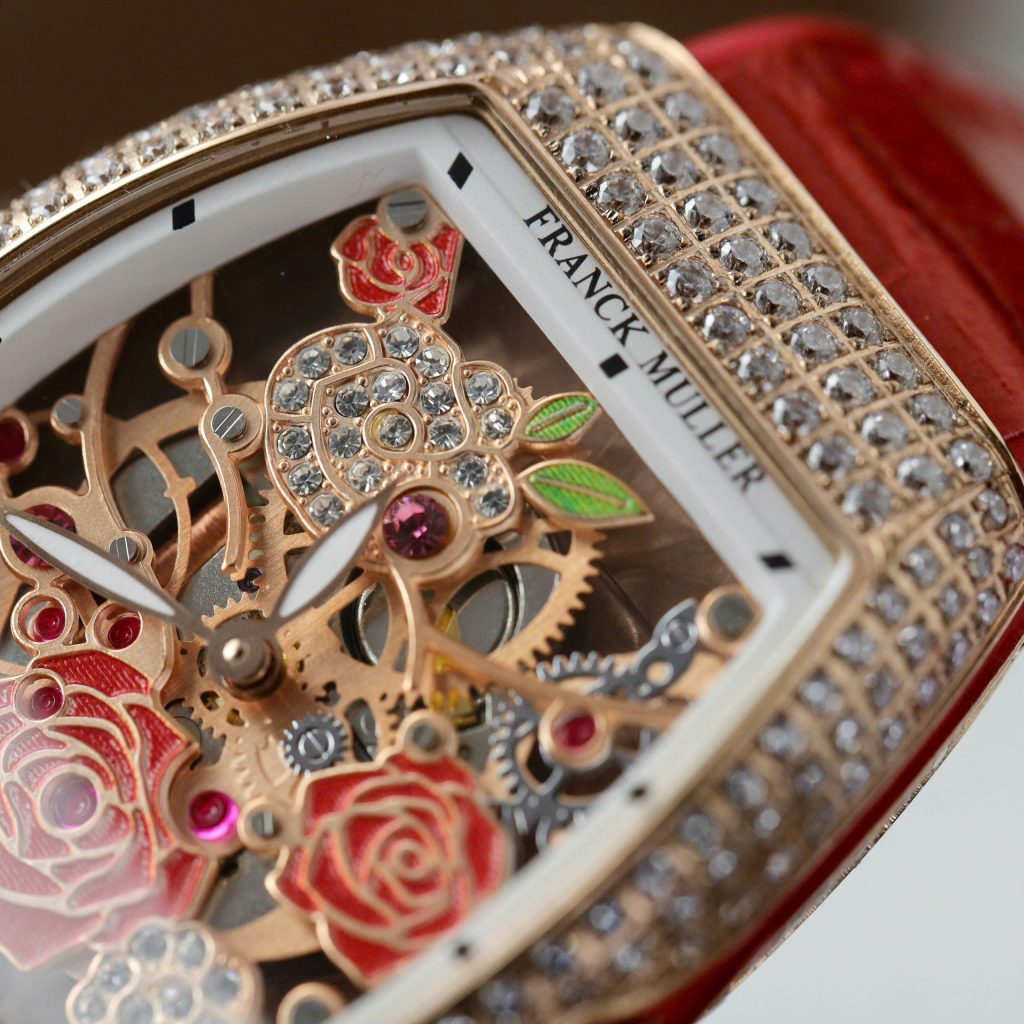 Đồng hồ Franck Muller V32 Replica 11 màu đỏ mặt hoạ tiết bông hoa 36mm (2)