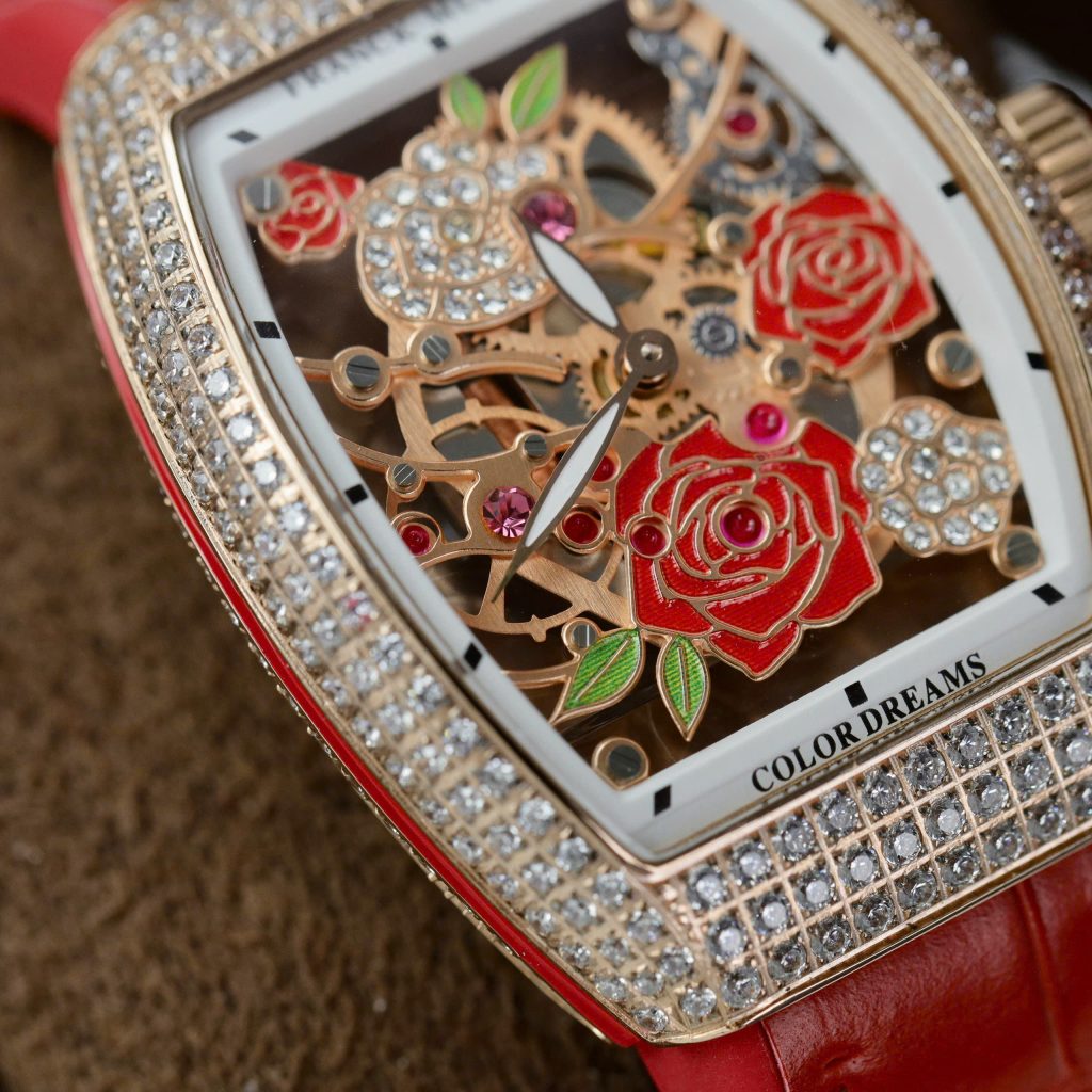 Đồng hồ Franck Muller V32 Replica 11 màu đỏ mặt hoạ tiết bông hoa 36mm (2)