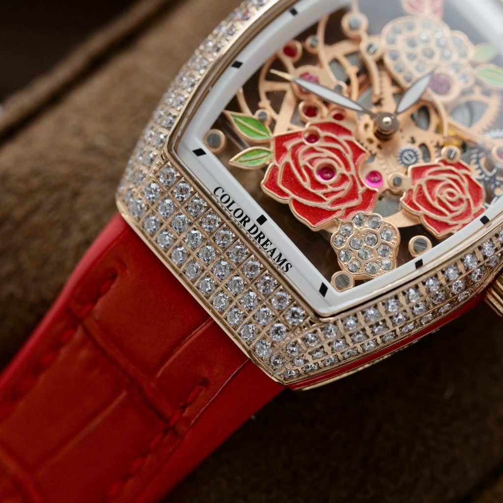 Đồng hồ Franck Muller V32 Replica 11 màu đỏ mặt hoạ tiết bông hoa 36mm (2)