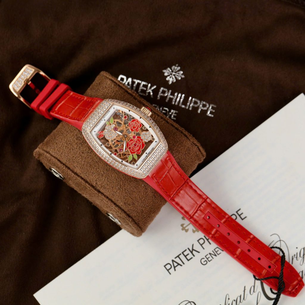 Đồng hồ Franck Muller V32 Replica 11 màu đỏ mặt hoạ tiết bông hoa 36mm (2)