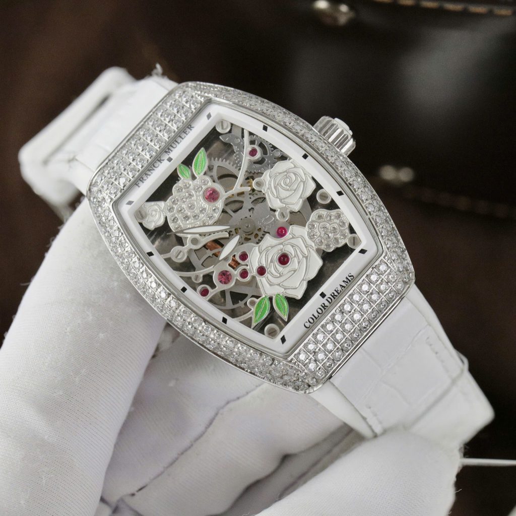 Đồng hồ Franck Muller V32 Replica 11 màu trắng mặt hoạ tiết hoa 36mm (2)