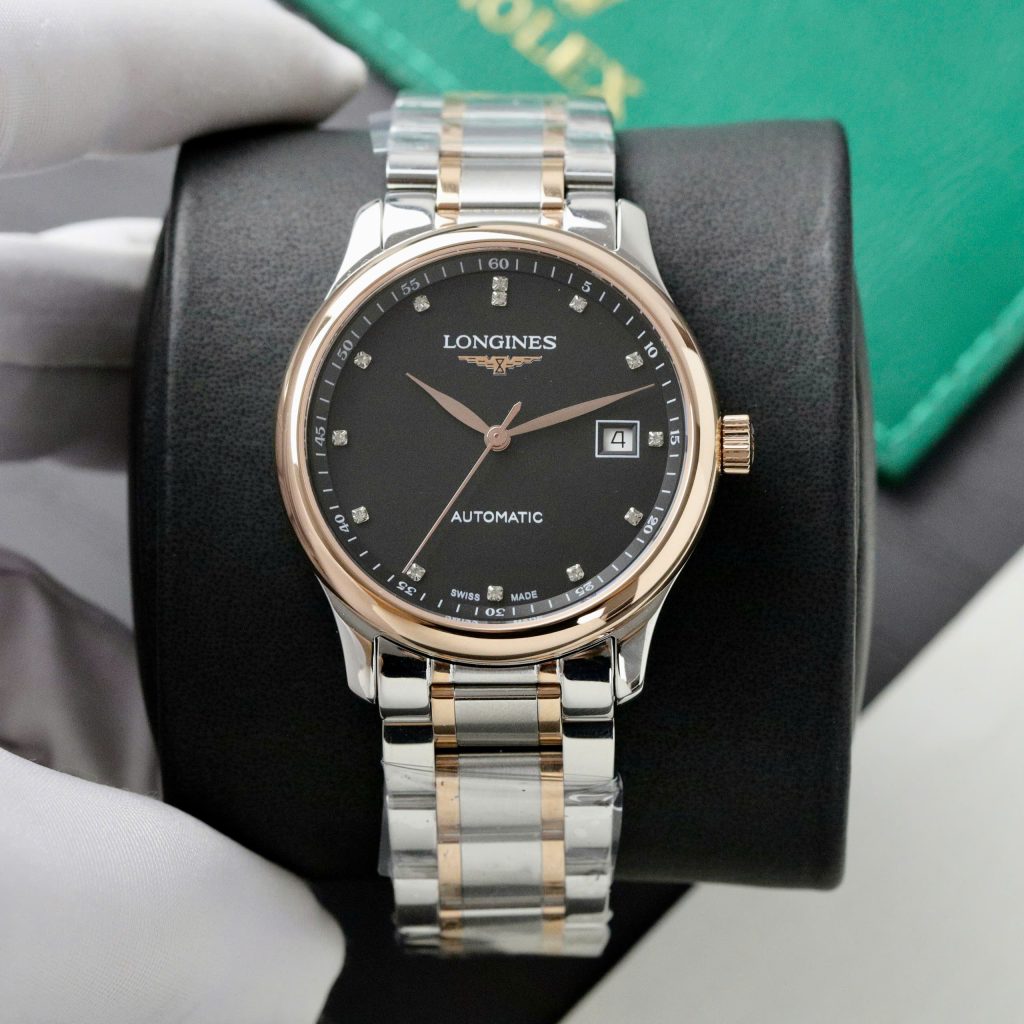 Đồng hồ Longines Fake Thụy Sỹ demi vàng hồng mặt đen 38 (1)