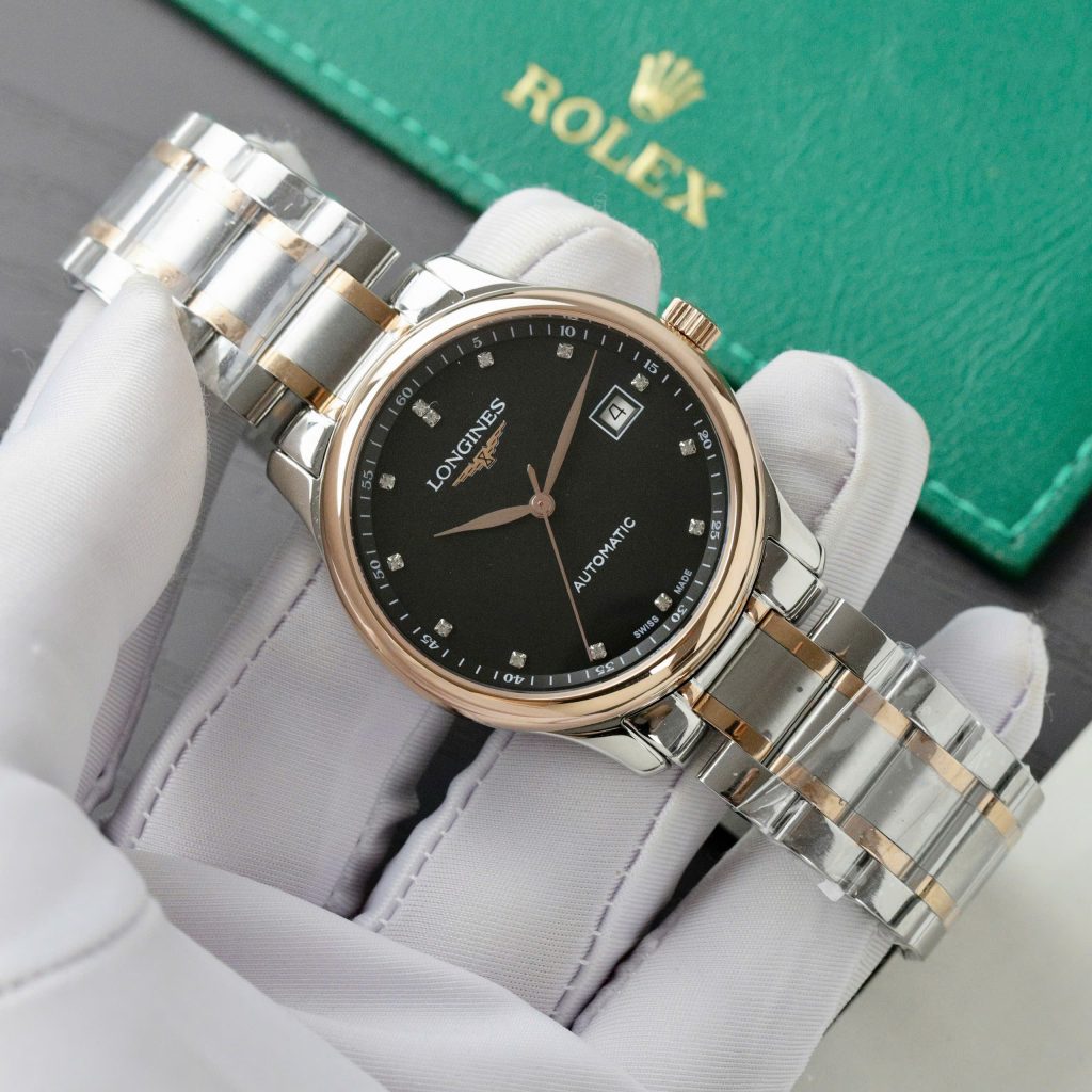 Đồng hồ Longines Fake Thụy Sỹ demi vàng hồng mặt đen 38 (1)