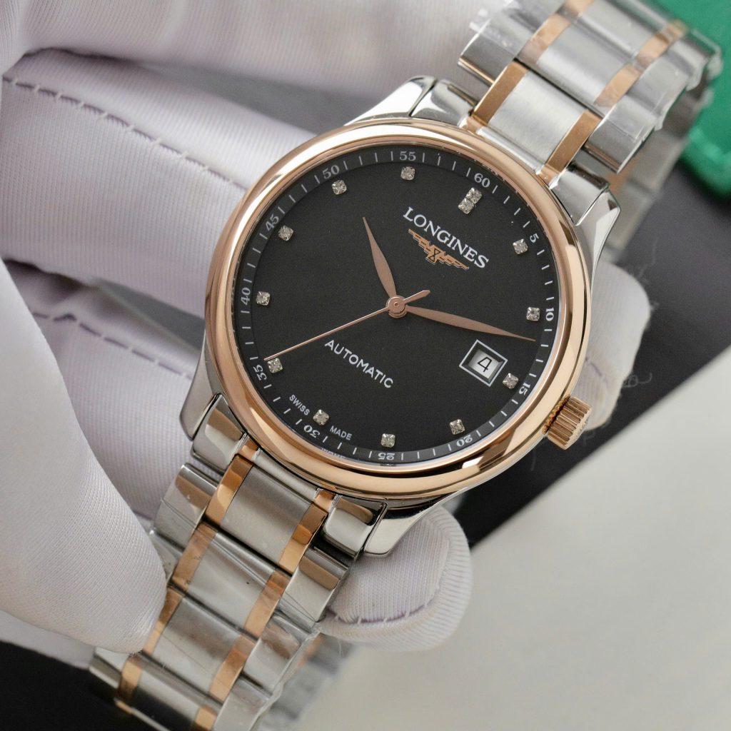 Đồng hồ Longines Fake Thụy Sỹ demi vàng hồng mặt đen 38 (1)