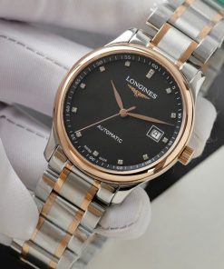 Đồng hồ Longines Fake Thụy Sỹ demi vàng hồng mặt đen 38 (1)