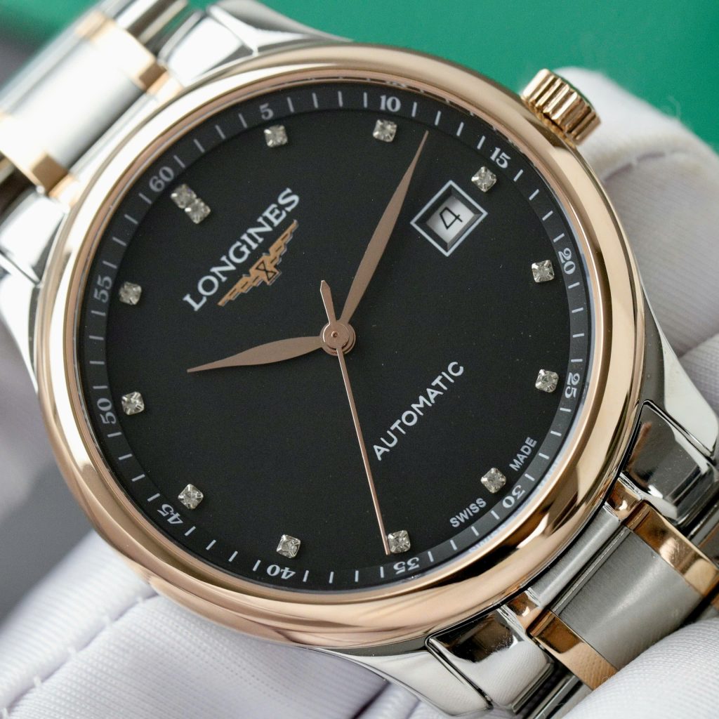 Đồng hồ Longines Fake Thụy Sỹ demi vàng hồng mặt đen 38 (1)