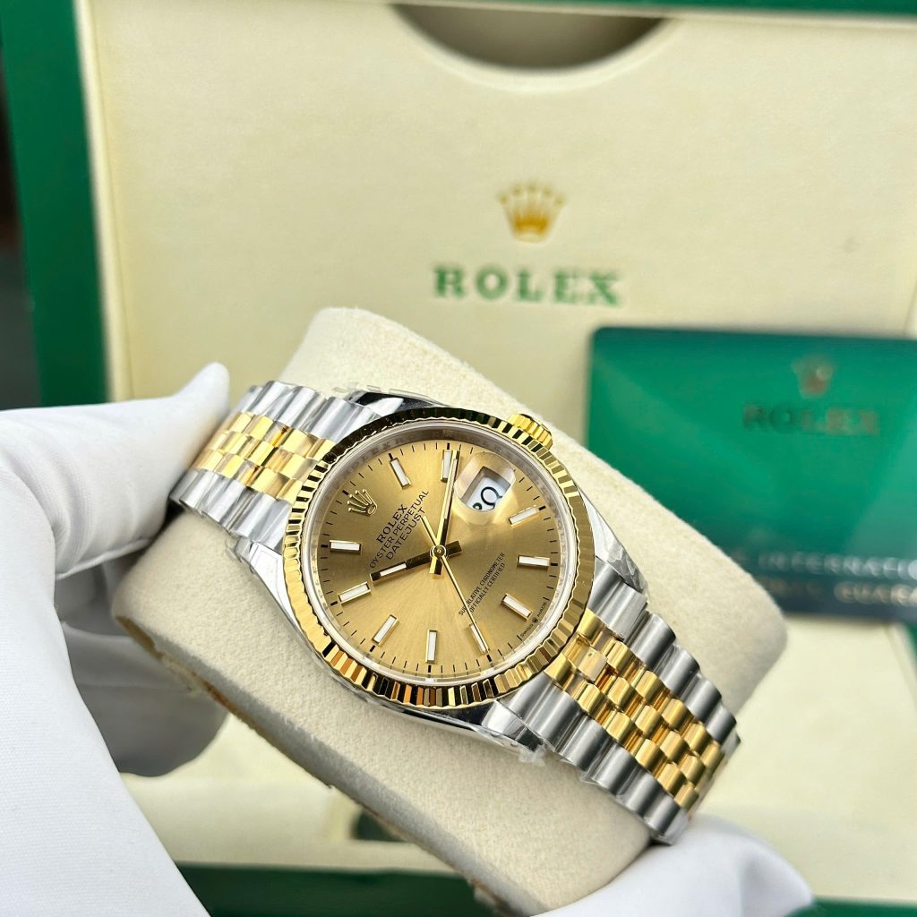 Đồng hồ Rolex DateJust 126231 Replica 1 1 mặt vàng cọc số dạ quang nhà máy VS 36mm (2)