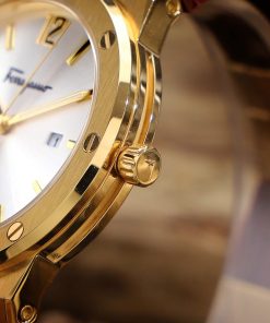 Đồng hồ Salvatore Ferragamo F80 Classic nam dây da nâu mặt trắng Fake 11 40mm