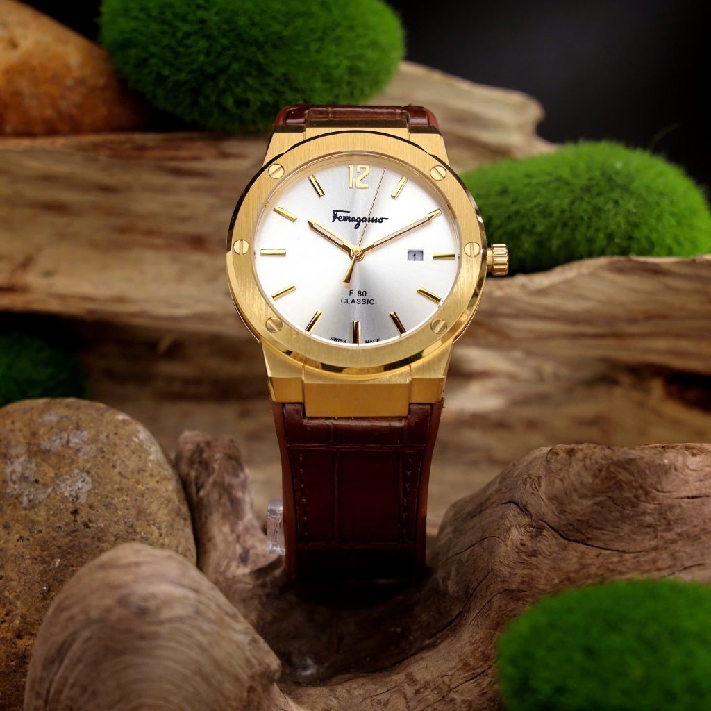 Đồng hồ Salvatore Ferragamo F80 Classic nam dây da nâu mặt trắng Fake 11 40mm
