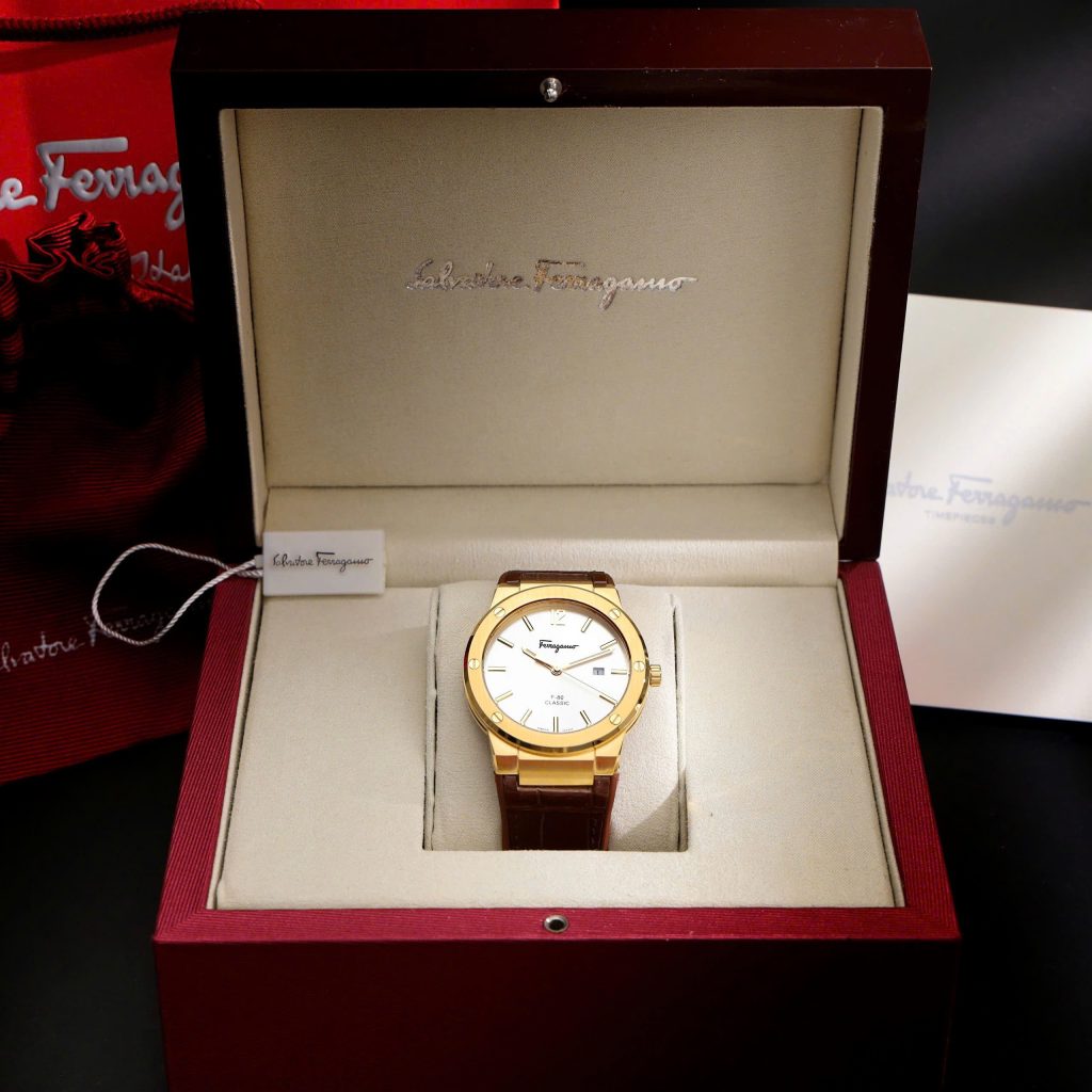 Đồng hồ Salvatore Ferragamo F80 Classic nam dây da nâu mặt trắng Fake 11 40mm