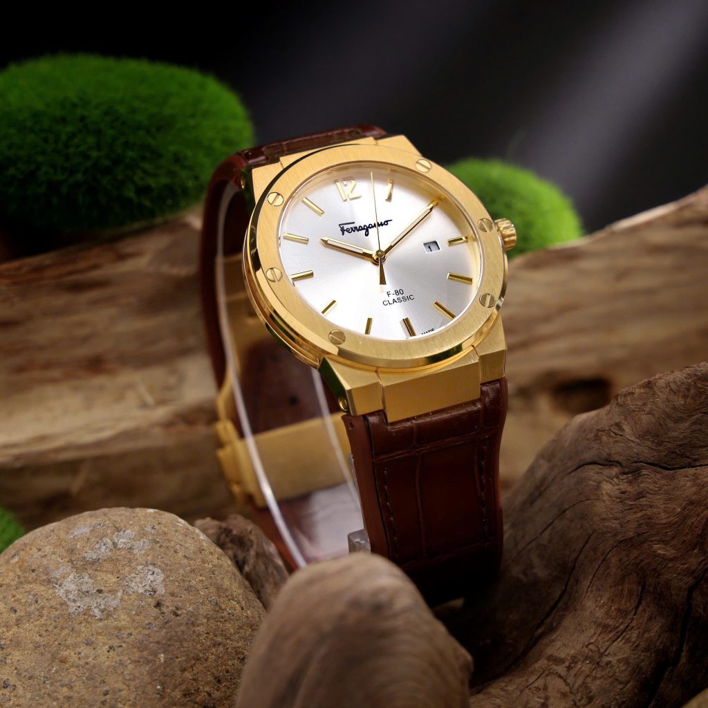 Đồng hồ Salvatore Ferragamo F80 Classic nam dây da nâu mặt trắng Fake 11 40mm