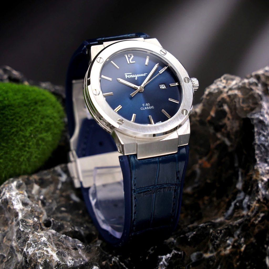 Đồng hồ Salvatore Ferragamo F80 Classic nam xanh Blue dây da Fake 11 40mm