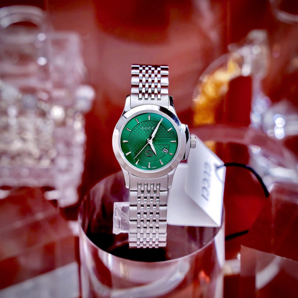 Đồng hồ Gucci G-Timeless nữ mặt xanh green dây kim loại Like Auth 27mm (9)