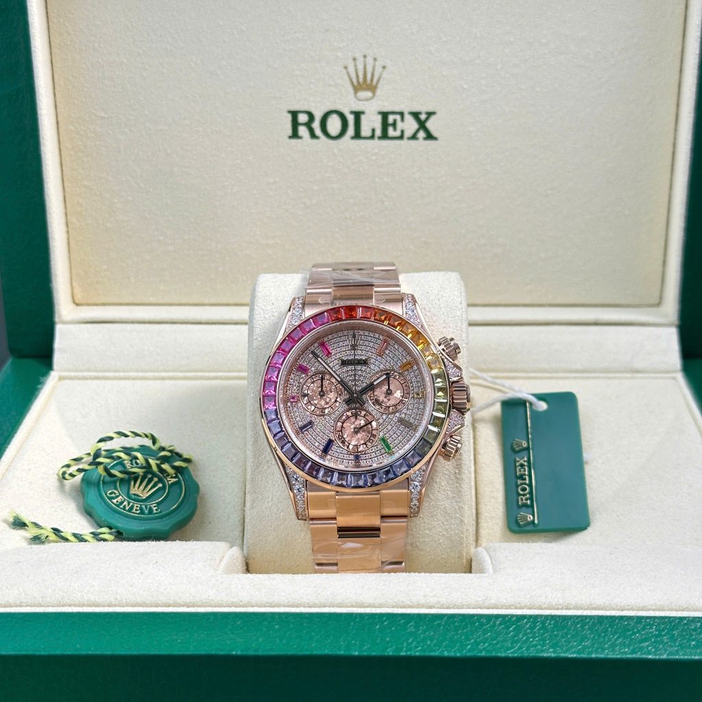 Đồng hồ Rolex Daytona Rainbow đính đá dây kim loại nhà máy BT Replica 40mm (1)