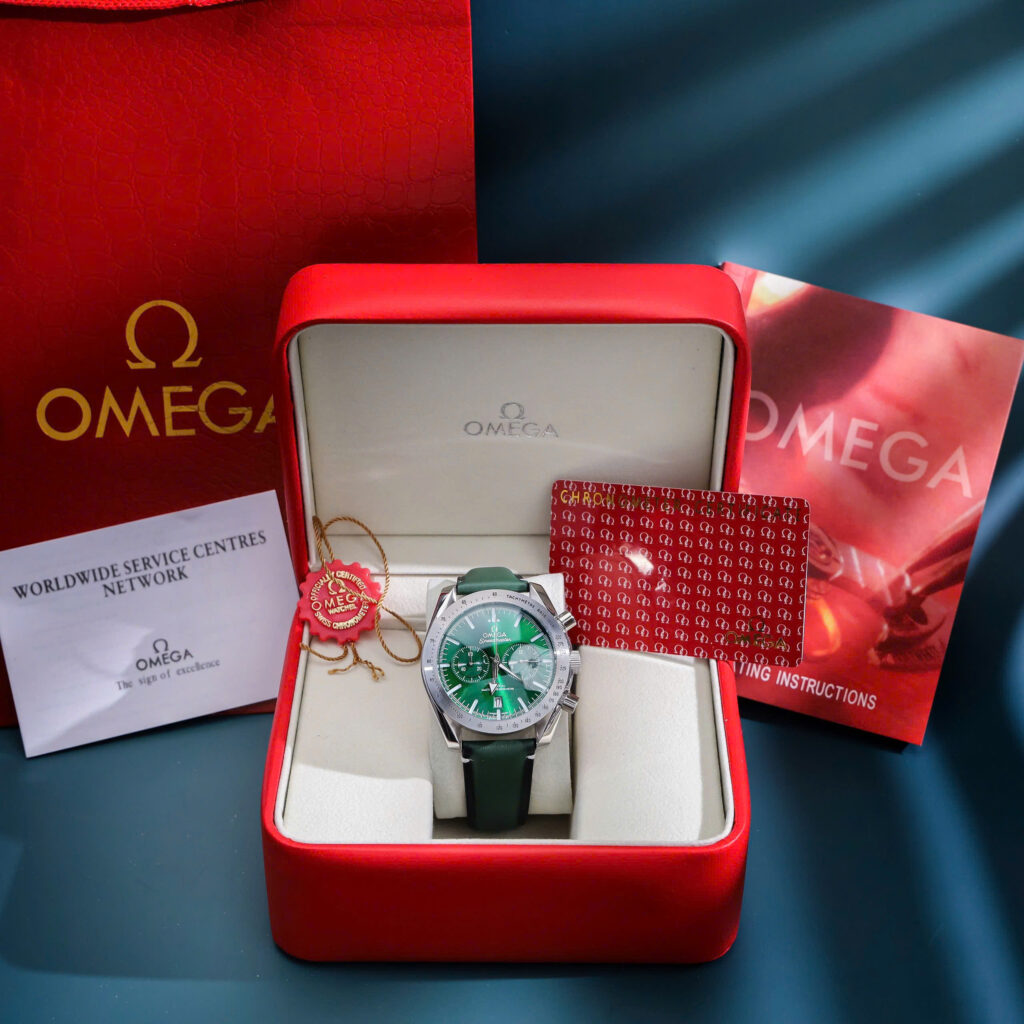 Đồng hồ Omega Speedmaster ’57 Chronograph Dây Da Xanh Green Fake 11 44mm