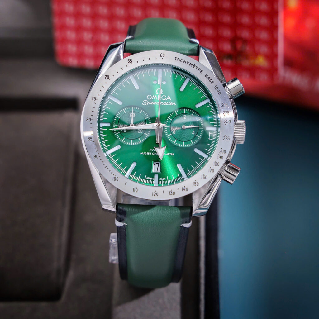 Đồng hồ Omega Speedmaster ’57 Chronograph Dây Da Xanh Green Fake 11 44mm