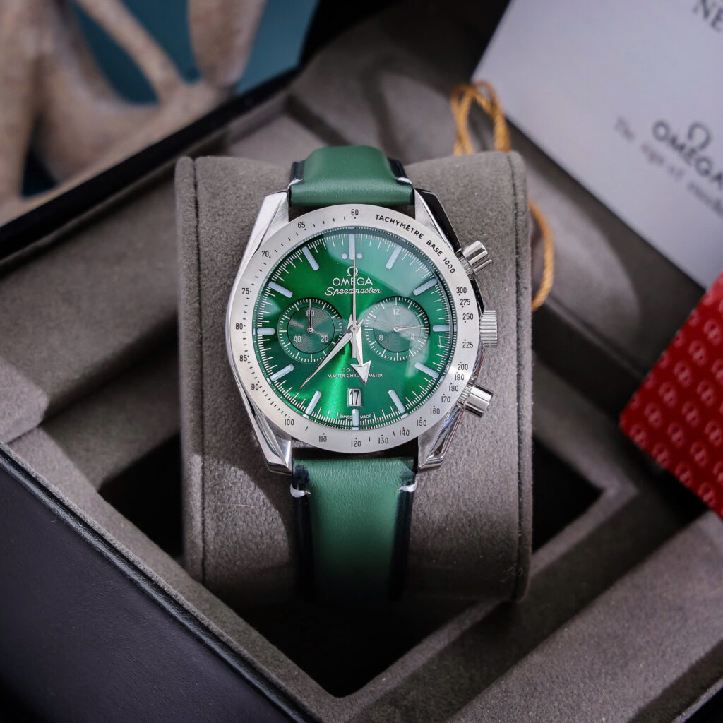 Đồng hồ Omega Speedmaster ’57 Chronograph Dây Da Xanh Green Fake 11 44mm