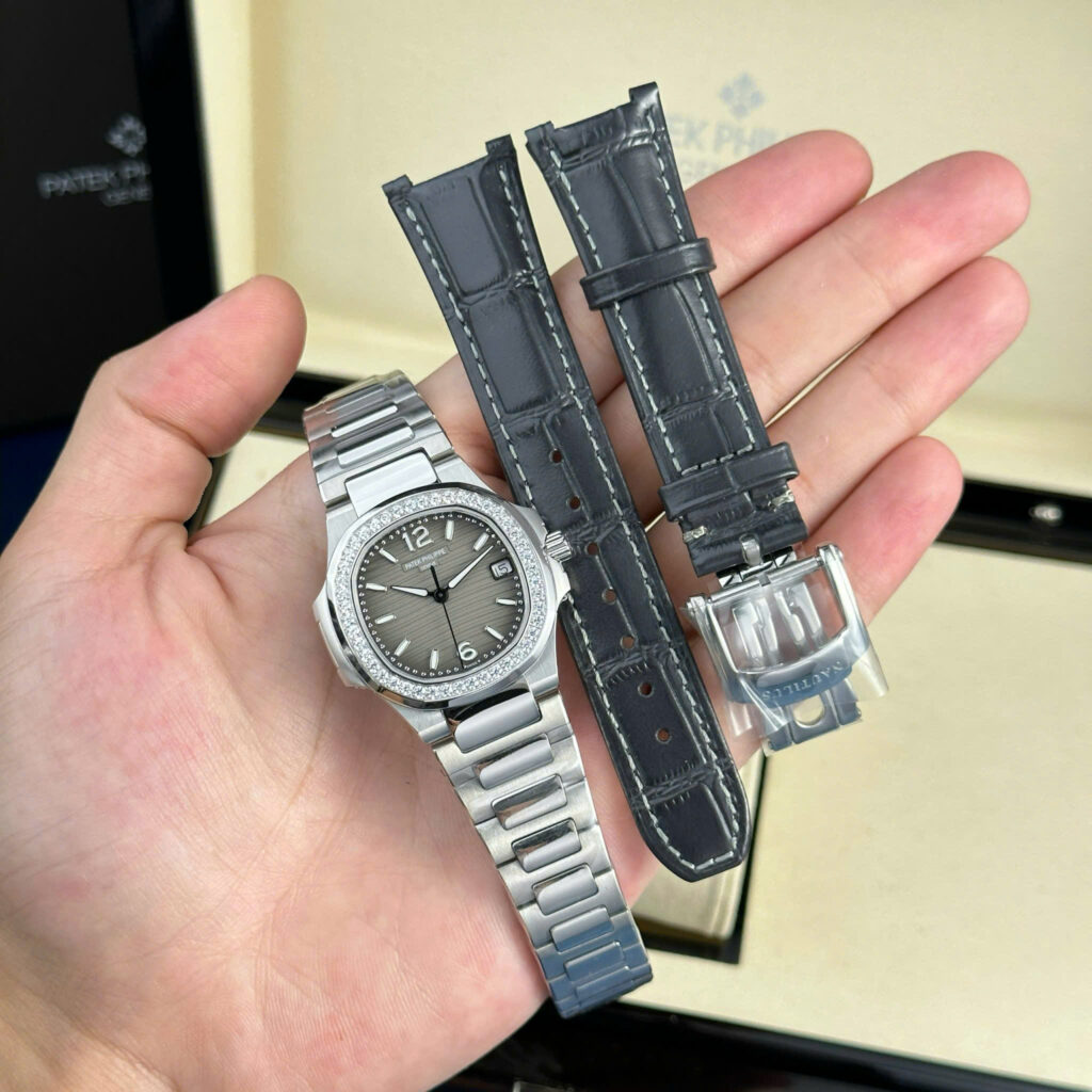 Đồng hồ Patek Philippe Nautilus 7010 Replica 11 mặt xám viền đính đá GRF 32mm (2)