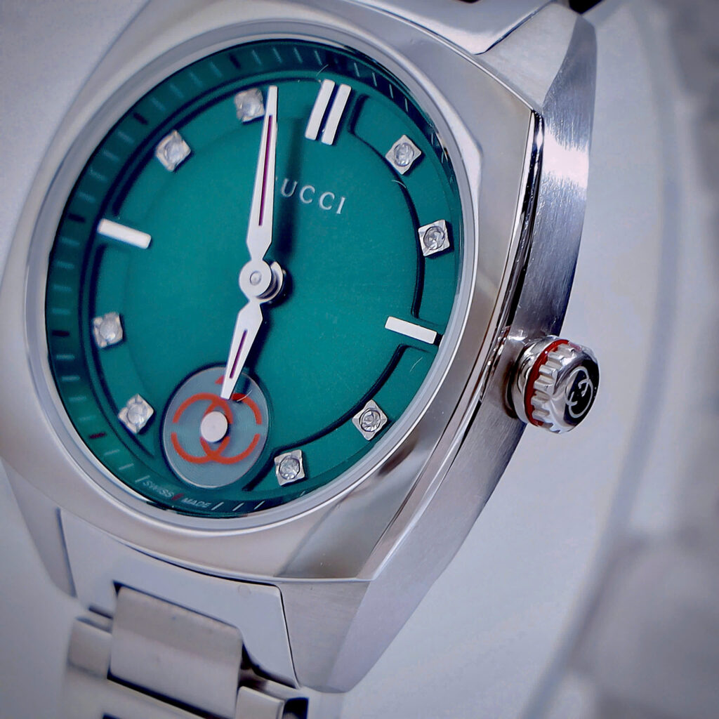 Đồng hồ Gucci Interlocking mặt xanh green dây kim loại like auth 29mm