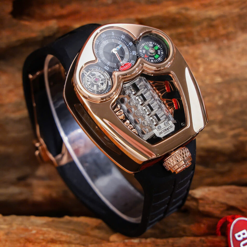 Đồng hồ Jacob & Co Bugatti vàng hồng dây cao su fake cao cấp 52mm x 44mm