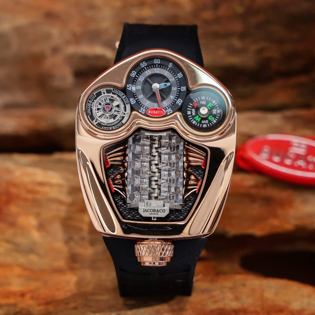 Đồng hồ Jacob & Co Bugatti vàng hồng dây cao su fake cao cấp 52mm x 44mm