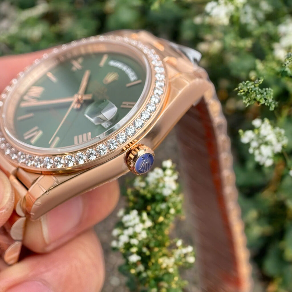 Đồng hồ Rolex Day-Date Fake 11 mạ vàng hồng mặt xanh lá cây 40mm (2)