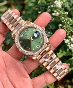 Đồng hồ Rolex Day-Date Fake 11 mạ vàng hồng mặt xanh lá cây 40mm (2)