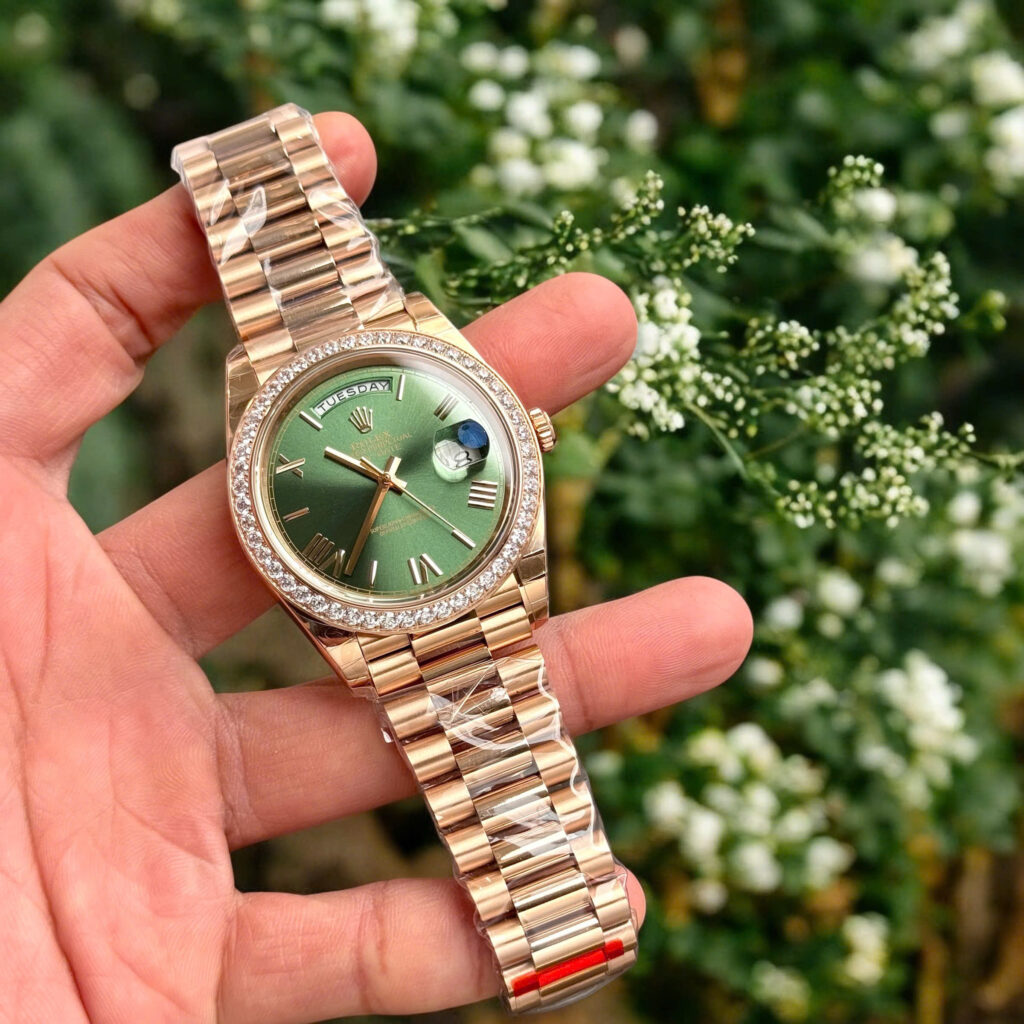 Đồng hồ Rolex Day-Date Fake 11 mạ vàng hồng mặt xanh lá cây 40mm (2)