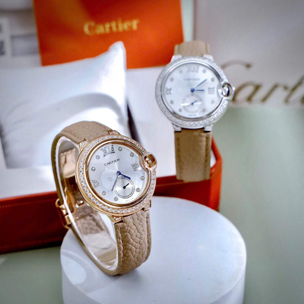 Đồng hồ Cartier Ballon Bleu đính đá mặt xà cừ dây da like auth 36mm