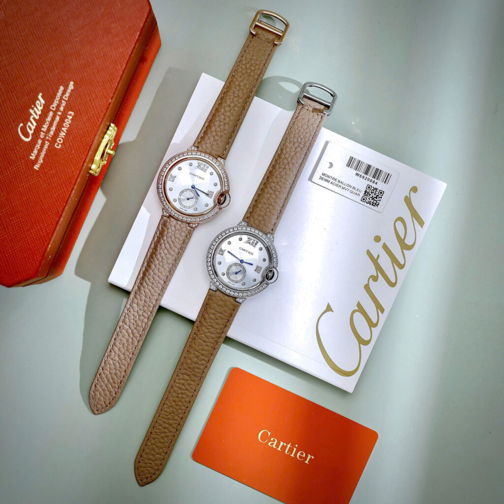 Đồng hồ Cartier Ballon Bleu đính đá mặt xà cừ dây da like auth 36mm