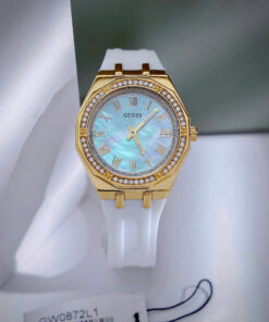 Đồng hồ Guess Octagonal Ladies dây cao su trắng đính đá fake cao cấp 36mm