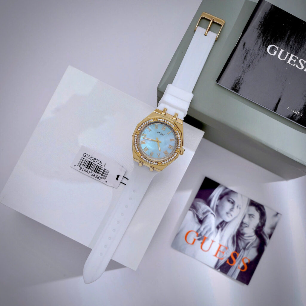 Đồng hồ Guess Octagonal Ladies dây cao su trắng đính đá fake cao cấp 36mm
